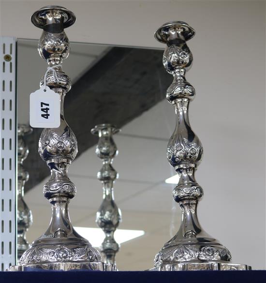 A pair of 1930s Sabbath day silver candlesticks by Morris Salkind, London, 1930, 19 oz.